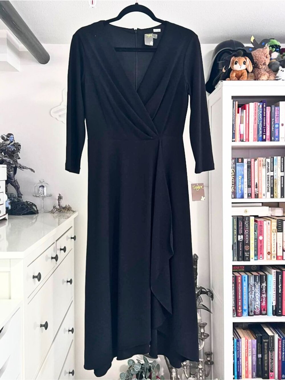 Taylor Black Crossover Front Tea-Length 3/4 Sleeve Dress with Asymmetrical Hem
